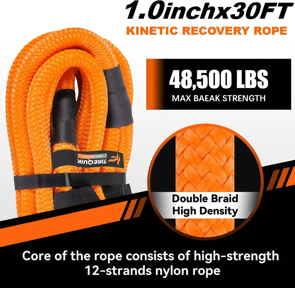 Kinetic Recovery Rope (1" x 30ft 48500lbs), Kinetic Tow Rope Recovery Kit with 2 Soft Shackles, Heavy Duty Offroad Snatch Strap, 35% Elasticity Tow Ropes for Trucks SUV UTV ATV Jeep Tractor
