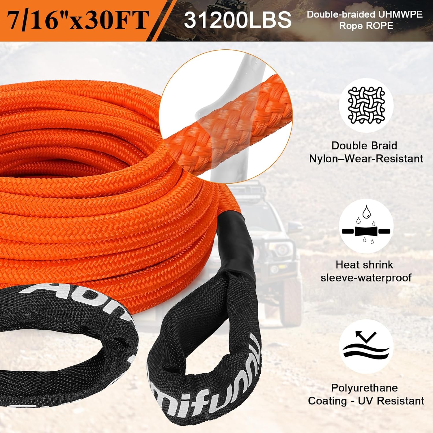 7/16" x 30ft UHMWPE Tow Rope, 31,200 Lbs Break Strength, Heavy Duty Tow Strap Recovery Kit for ATV, UTV, SUV, Cars（Orange）
