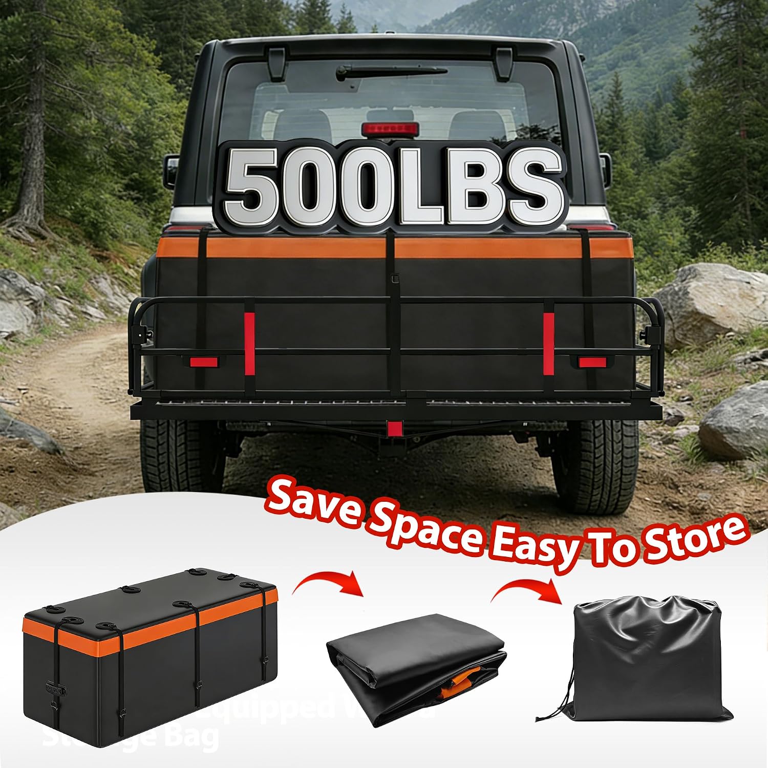 500 LBS Folding Hitch Cargo Carrier Basket 60" X 24" X 14.4"+ Waterproof Bag (59" 24" 24"), Heavy Duty Cargo Rack Rear Luggage Basket Fits 2" Receiver for Car SUV Camping Traveling