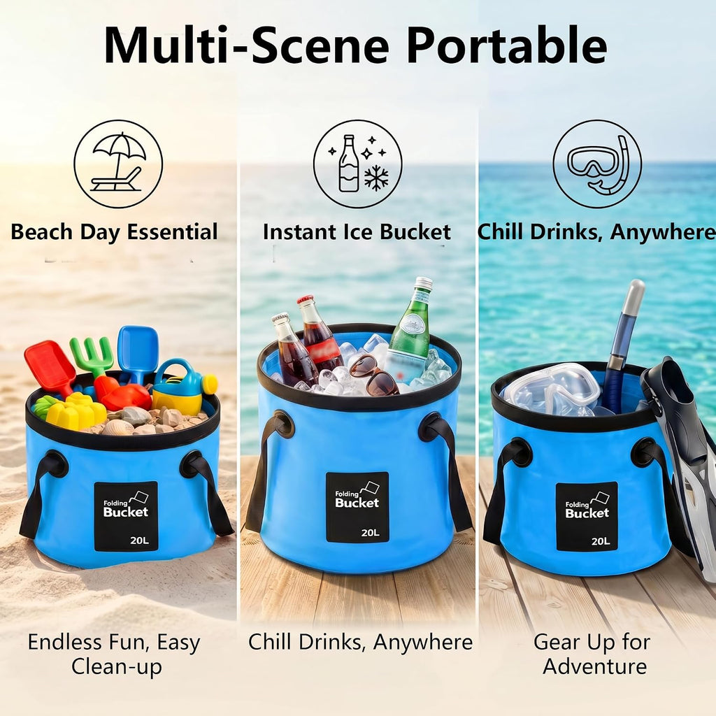 5 Gallon Collapsible Bucket with Handle, Foldable Water Bucket for Car Wash, Camping, Fishing & Beach, Portable Water Storage Container for Car Cleaning(20L-Blue)