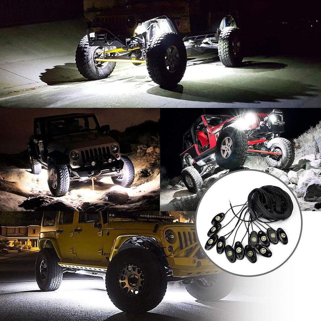 OPP ULITE White LED Rock Lights Kit, 12 Pods Underglow for Jeep Offroad Truck Car ATV SUV Boat Motorcycle Vehicle Under Body Glow Lamp Trail Fender Lighting (12pods Rock W)