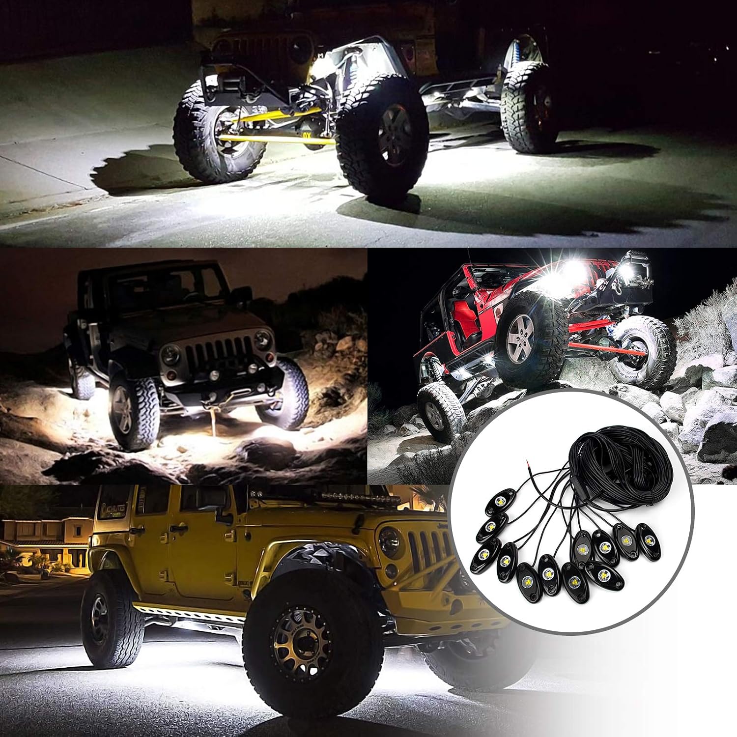 OPP ULITE White LED Rock Lights Kit, 12 Pods Underglow for Jeep Offroad Truck Car ATV SUV Boat Motorcycle Vehicle Under Body Glow Lamp Trail Fender Lighting (12pods Rock W)