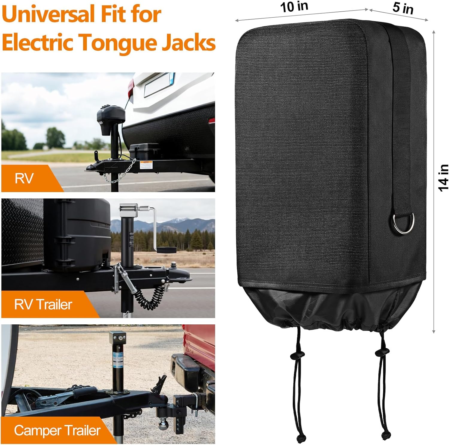 SheeChung [2026 Upgraded] RV Electric Jack Cover, 600D Universal Trailer Tongue Jack Cover with D Rings, Waterproof Protective Cover for RV Camper Travel Trailer (14″H x 5″W x 10″D)