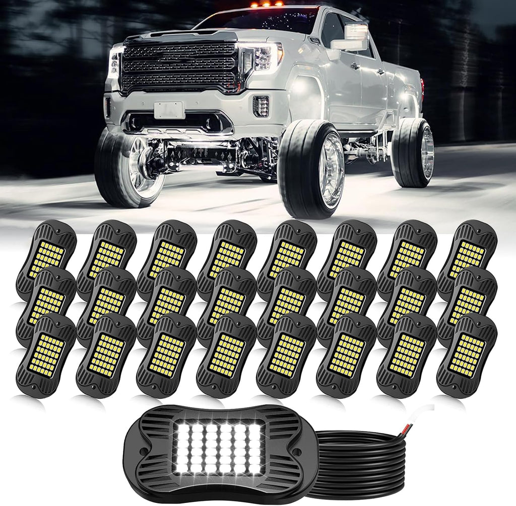 SHINIGHT 24 Pods White Rock Lights 6000K Pure White Super Bright Underglow Light,10FT/3M Extension Wires Each Light,36 LED SMD Chips,Waterproof IP68,Rock Lights for Trucks UTV ATV SUV Boats