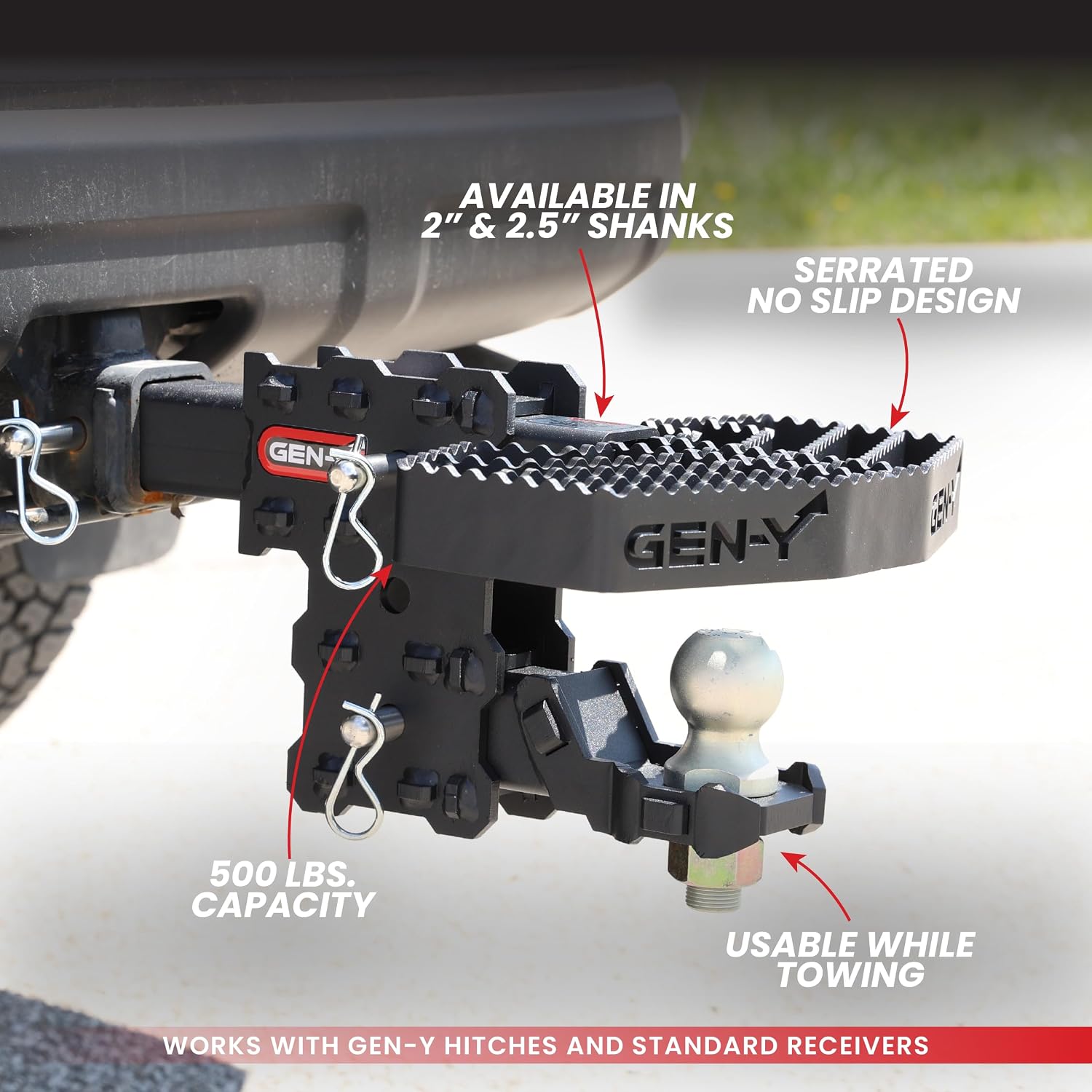 GEN-Y Hitch Serrated Hitch Step for 2-Inch Towing Receiver, Up to 500 LB Load Capacity with Serrated No Slip Surface, Textured Powder-Coat Finish, Black