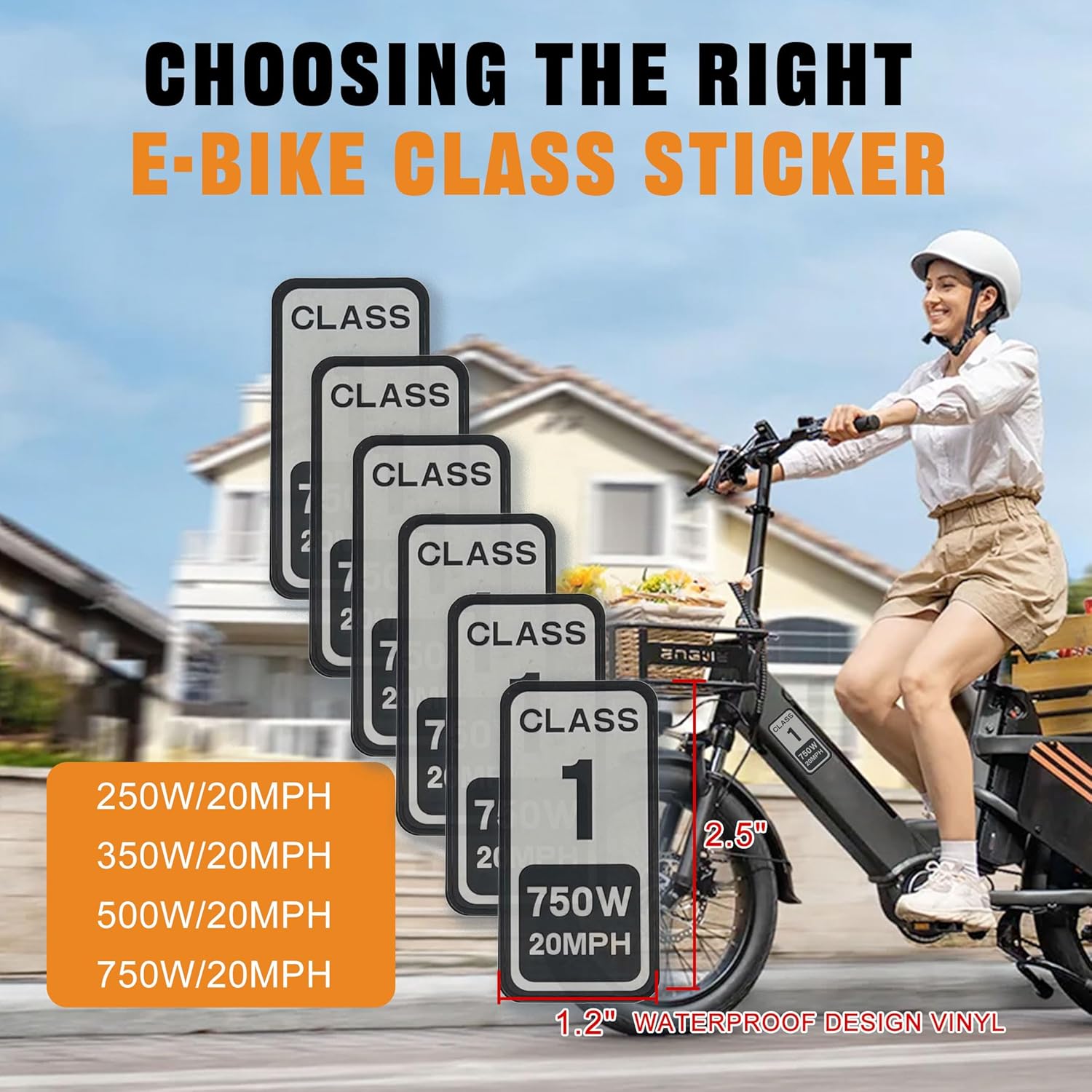 EBike Class 1 Stickers, 750W 20MPH Labels, Waterproof Decals for Electric Bicycle Frame, 6-Pack