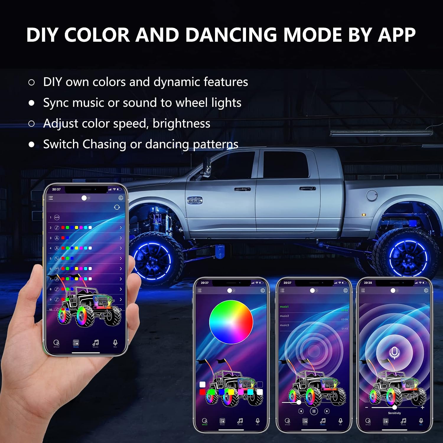 4pcs 17.5 inch Double Row Wheel Lights for Truck/Car/ATV/UTV, Dancing Chasing Color, LED Rim Wheel Ring Lights W/Turn Signal and Braking Function Controlled by Remote and App