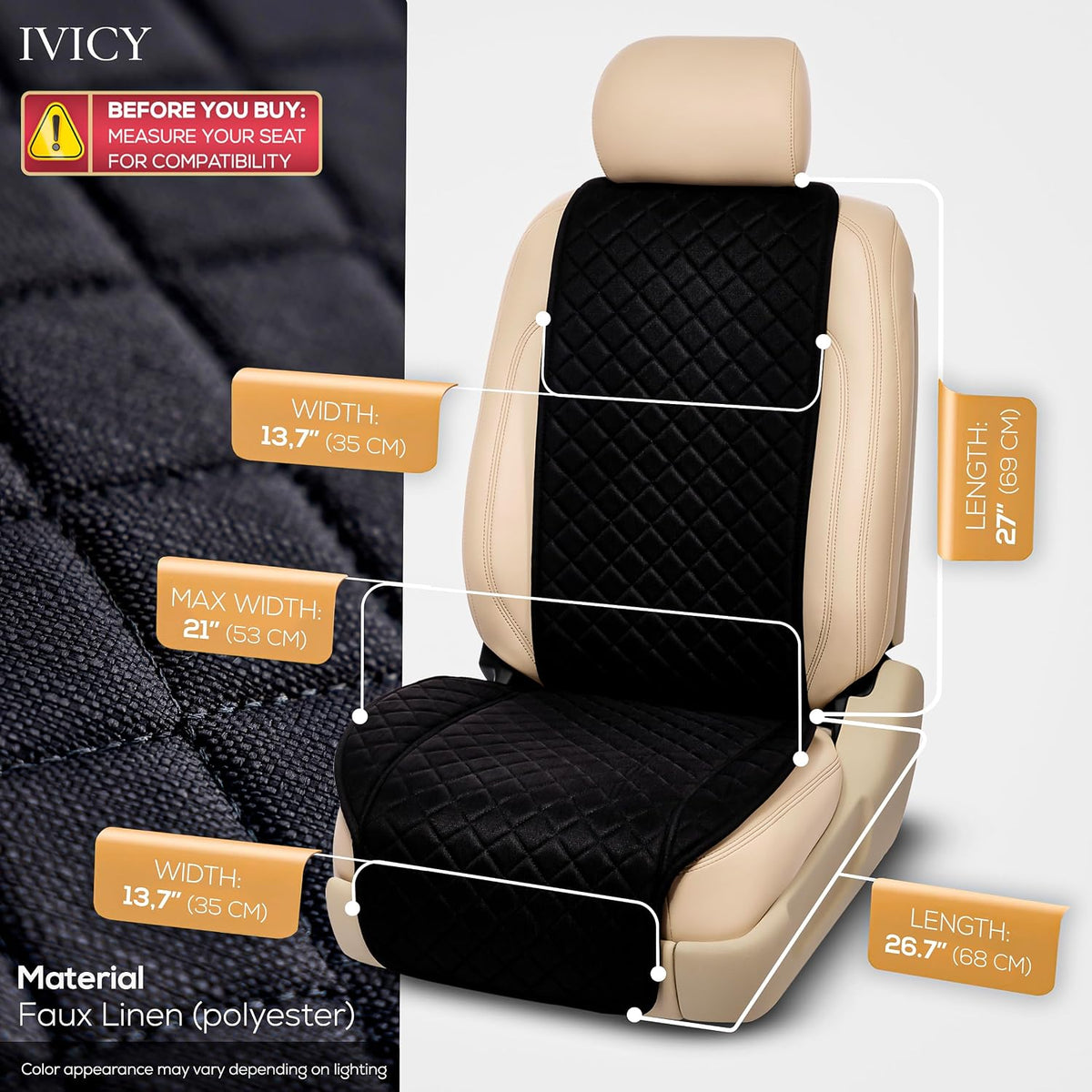 ivicy faux linen front car seat cover, seat, close-up detail