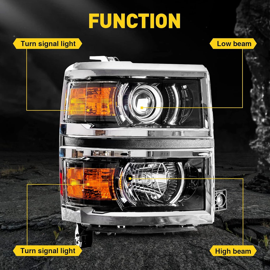 Torchbeam Projector Headlight Assembly Replacement OE Headlamp Compatible with 2014 2015 Chevy Silverado 1500 LTZ/High Country Amber Reflector Chrome Housing Driver and Passenger Side