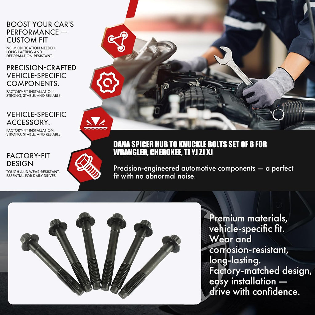 Hub to Knuckle Bolts 6-Pack Compatible with Wrangler Cherokee TJ YJ ZJ XJ - Dana Spicer Replacement Wheel Hub Mounting Bolt Set - Alloy Steel