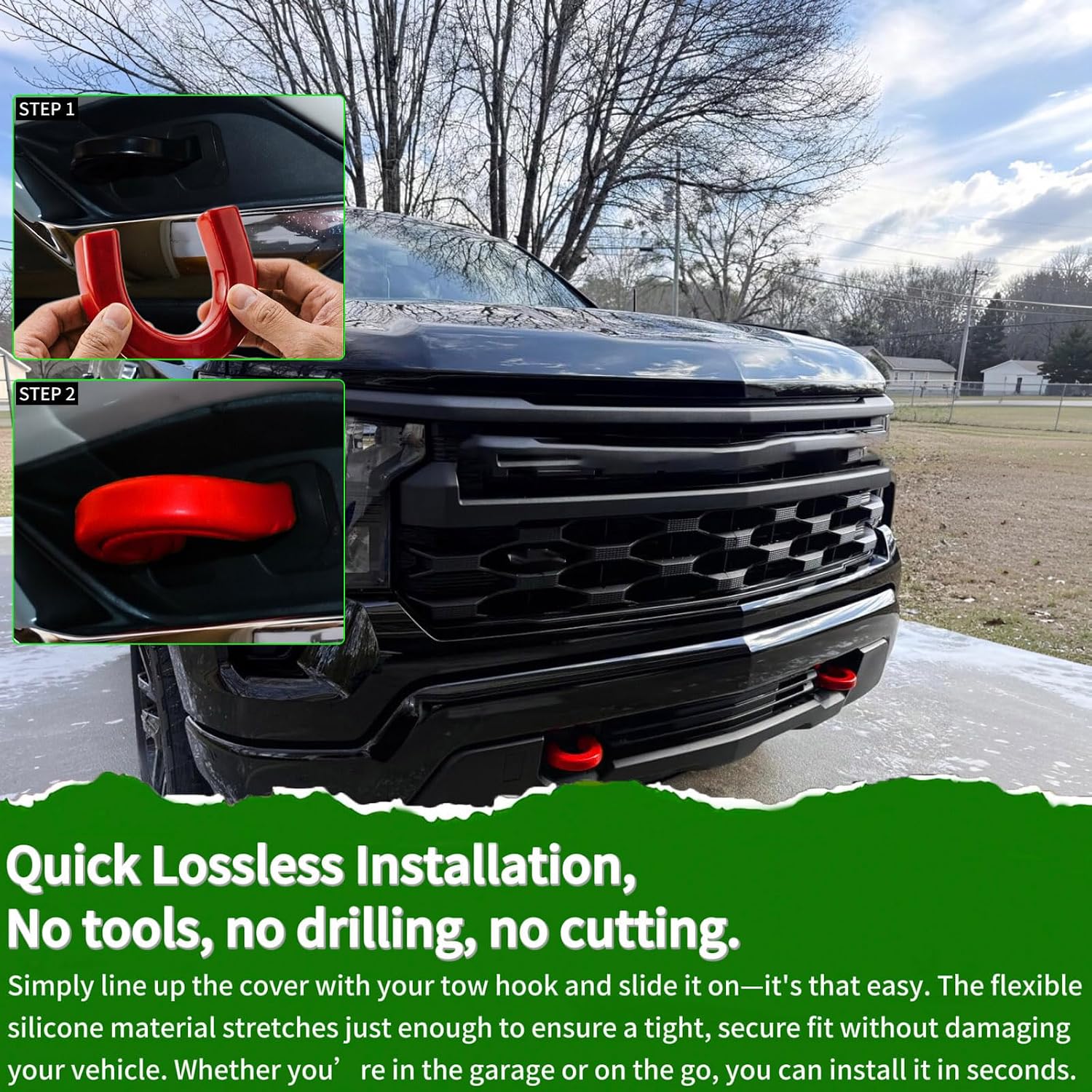 Extended Front Tow Hook Cover for 2007-2026 Chevy Silverado 1500 & 2007-2018 GMC Sierra 1500, Silverado 1500 Accessories, Sierra 1500 Accessories, Chevy 1500 Accessories, Silicone, Red (2 Pack)
