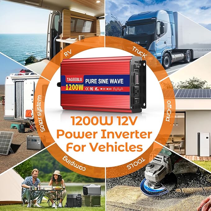 1200W Pure Sine Wave Inverter, 12V DC to 110V/120V AC Power Inverter - Image 9