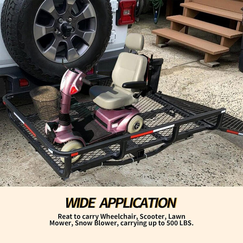 ECOTRIC Hitch Mount Wheelchair Carrier with Mobility Ramp for Wheelchair | Scooter Lawn Mower Snow Blower Hauler 500lb Capacity Basket-Style, 73lbs Weight