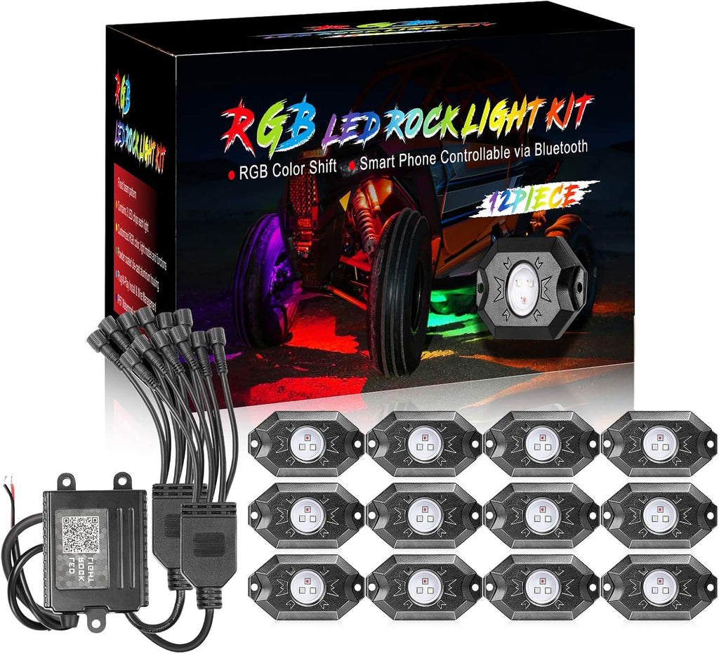 OFFROADTOWN 12 pods LED Rock Lights RGB Multicolor Neon Trail Rig Lights Underglow Wheel Well Light with Bluetooth App Control for Truck Pickup Tundra Dodge GMC UTV ATV
