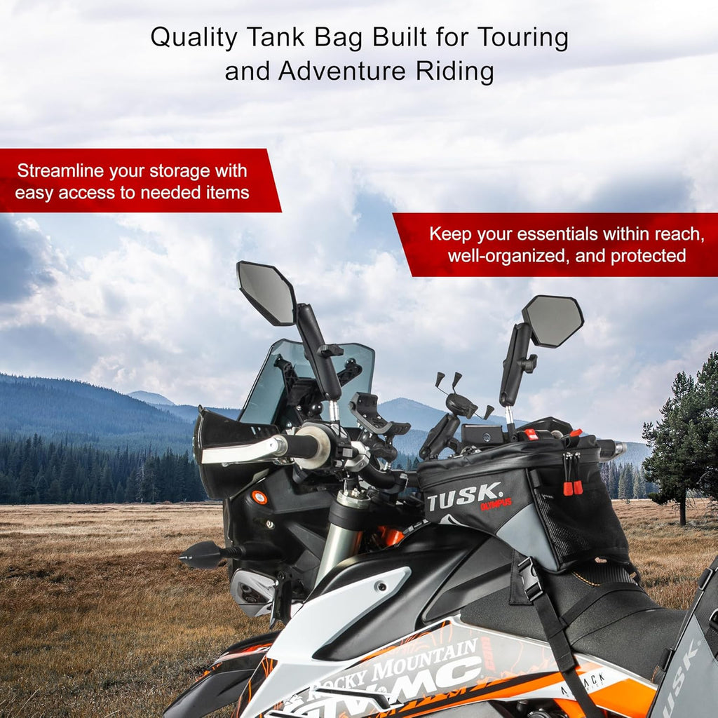 Tusk Olympus Large Tank Bag Black/Tan Durable Off-Road Motorcycle Storage Bag with Multiple Compartments and Secure Mounting
