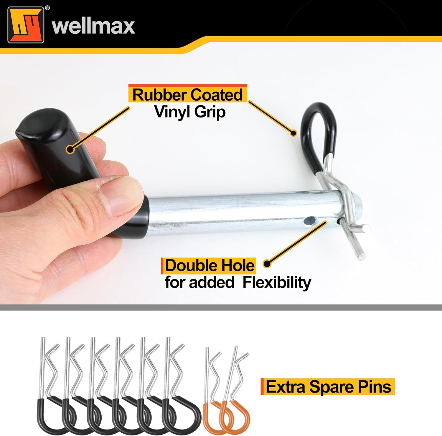 Wellmax 5/8" and 1/2" Diameter Dual Pinhole Trailer Hitch Pin Set - 3 PC 5/8" x 3-1/2" and 1 PC 1/2"x3" Shank, with Rubber-Coated Vinyl Grip and 8pcs R Clips, Zinc-Plated for 2" Receiver