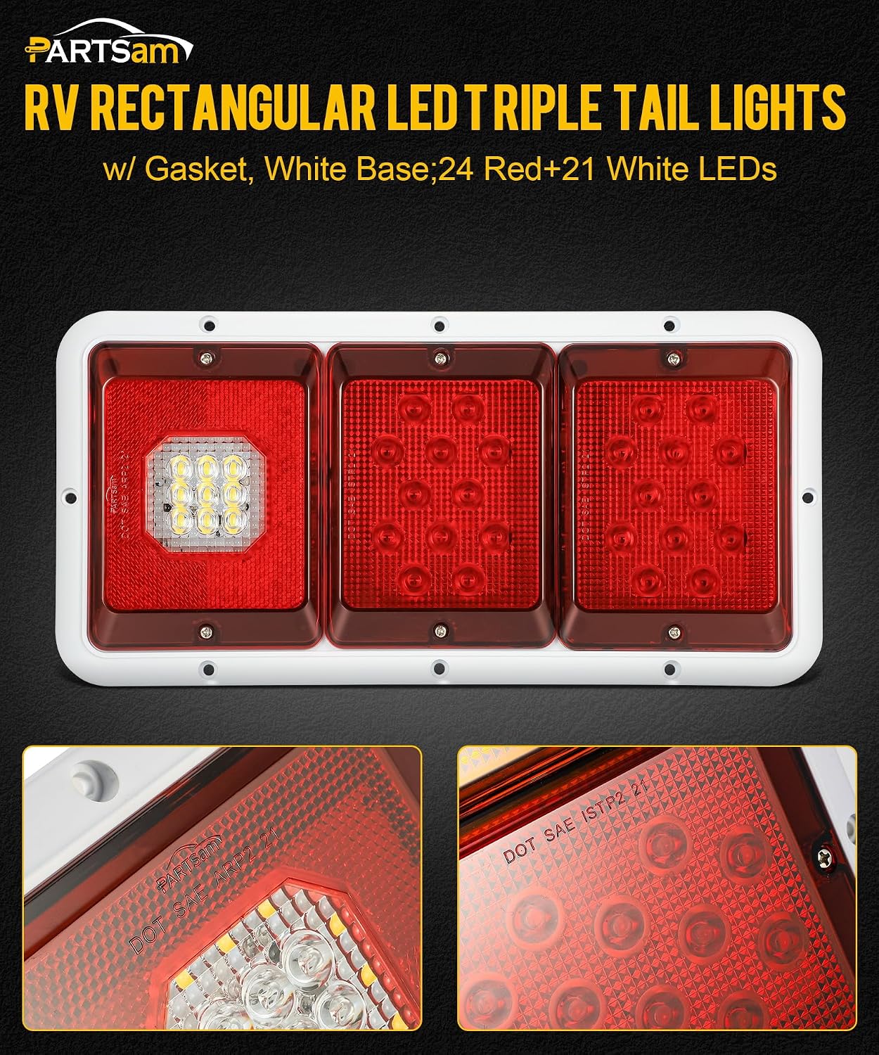 Partsam 2x LED Triple Tail Lights 45 LEDs, Rectangle Vertical or Horizontal Mount LED Trailer Camper RV Tail Lights Stop Turn Tail Backup Reverse Lights Taillights w/White Base - Red/Clear Lens 12V
