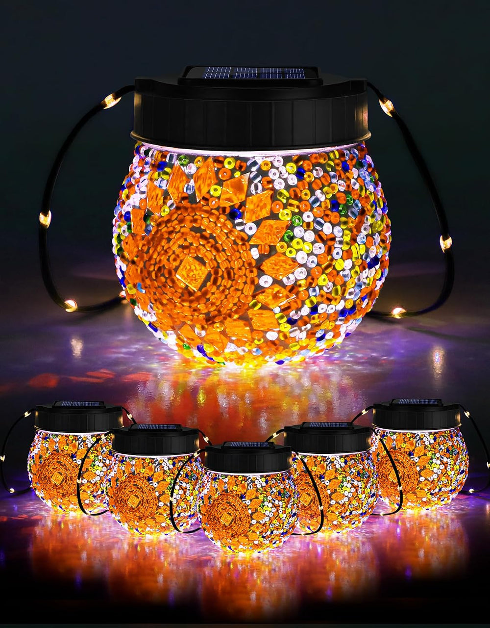 Mosaic Solar Lights Outdoor 6 Pack, Solar Hanging Lanterns Christmas Hallowee...