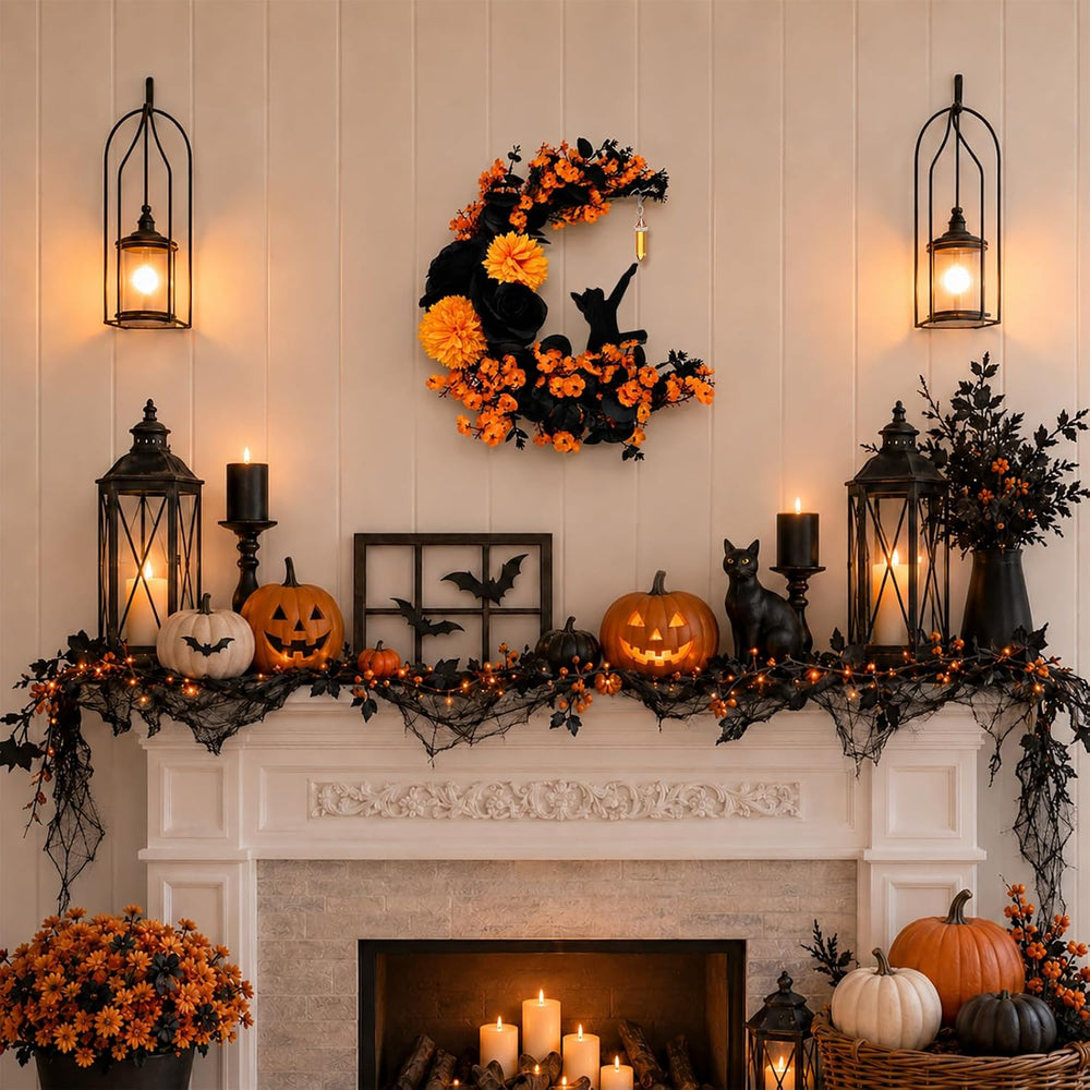Thiccywoov 2 Pcs Halloween Black Cat Doormat and Wreath Sets for Front Door