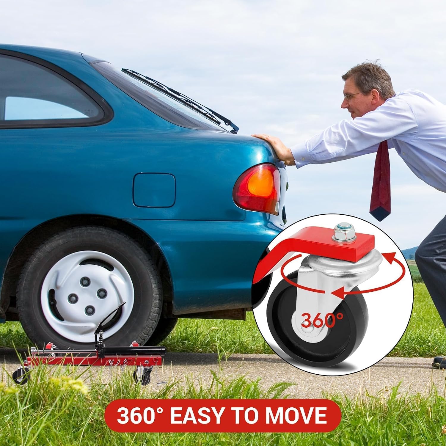 Hydraulic Wheel Dolly Set of 2, 3000 LBS Capacity Car Dolly with Hydraulic Tire Jack, 1500 LBS Per Dolly, 360° Swivel Casters for Vehicle Positioning and Auto Repair for Truck RV Trailer, Red