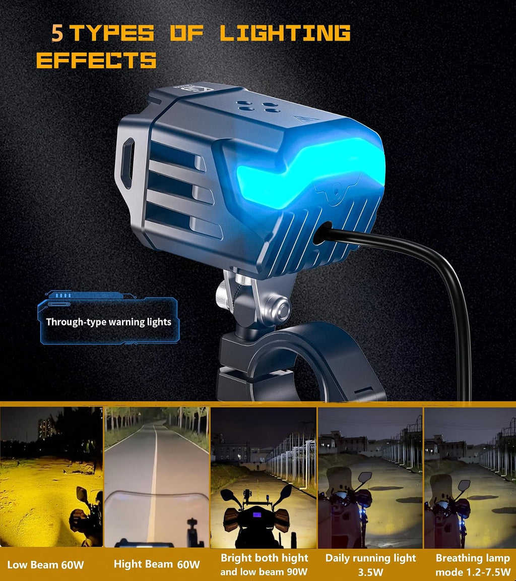 Kewig Motorcycle Auxiliary LED Fog Light 60W Amber Spotlight Lights | Motorcycle Driving Light Kit with Amber Breathing DRL, Dual Color LED Light Pod Off-road Work Light for Motorcycle Jeep Truck
