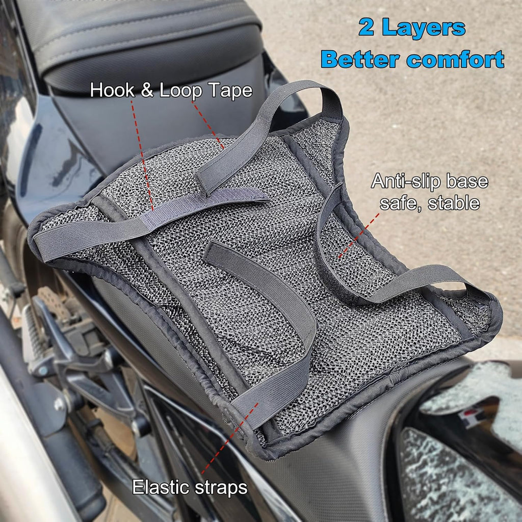 Double-Layer Motorcycle Cool Seat Cover, Universal Breathable Motorbike Mesh Seat Cushion pad, Airflow Non-Slip Motorcycle Saddle Sun Protection Cover