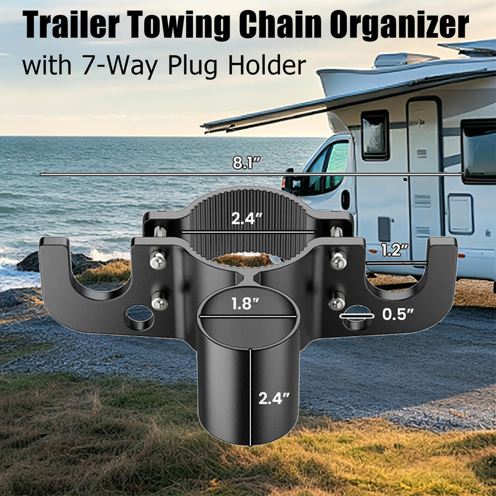 Aluminum Trailer Chain Holder, Trailer Towing Chain Organizer with 7 Way Rv Chain Plug Holder Cover, Heavy Duty Anti-Rust Cable Wire Harness Holder for 2" 2¼" Tongue Jack RV Camper Towing Accessories