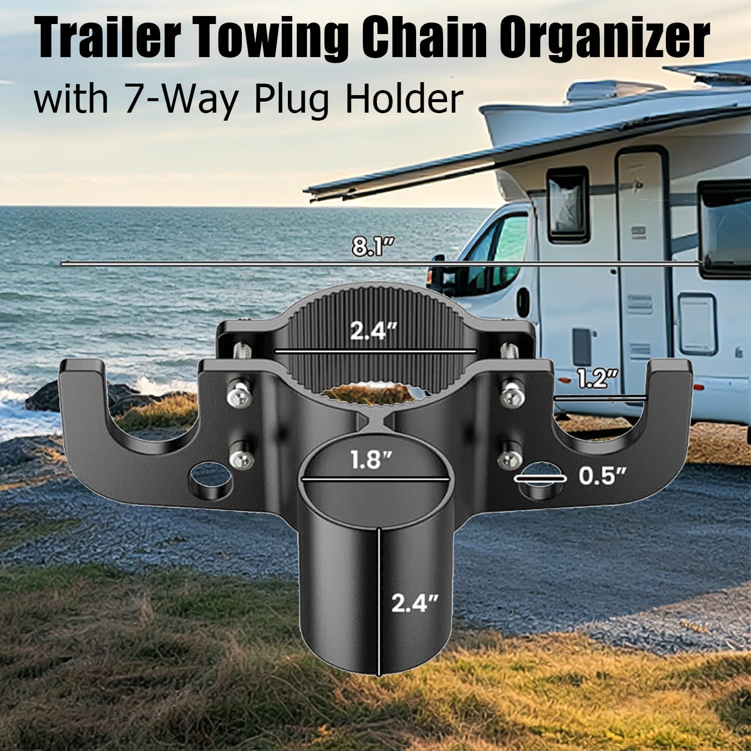 Aluminum Trailer Chain Holder, Trailer Towing Chain Organizer with 7 Way Rv Chain Plug Holder Cover, Heavy Duty Anti-Rust Cable Wire Harness Holder for 2" 2¼" Tongue Jack RV Camper Towing Accessories