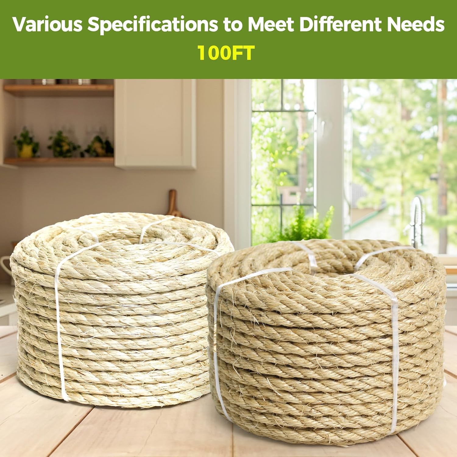 YALAVA Natural Sisal Rope for Cat Scratching Posts, 3/8 Inch 100FT Abrasion Resistance Rope, Multipurpose for Cat Tree Repair, DIY Projects, Furniture Wrapping, Indoor/Outdoor Use (Beige)