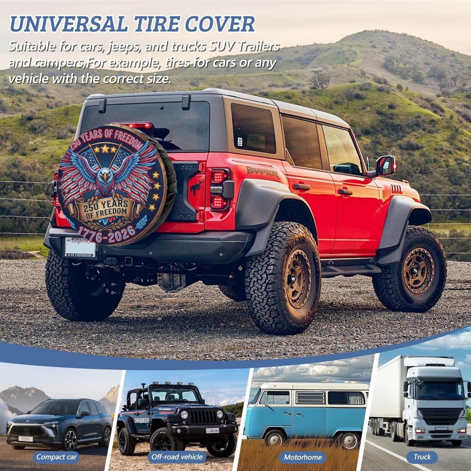 USA 250th Anniversary 1776-2026 Spare Tire Cover, Weatherproof Dust-Proof Universal 250 Year American Patriotic Decor Wheel Protectors Universal Fit for Trailer Rv SUV Truck Camper Travel Trailer 17"