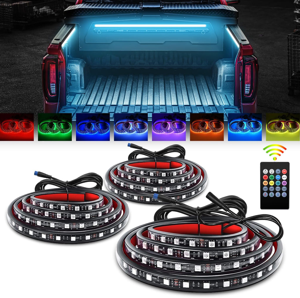 GOOACC RGB Truck Bed Light Strip 3PCS 60" 270 LEDs Neon Accent Lighting with RF Remote On/Off Switch Splitter Extension Cable for 12-Volt Car Cargo Pickup SUV RV Boat