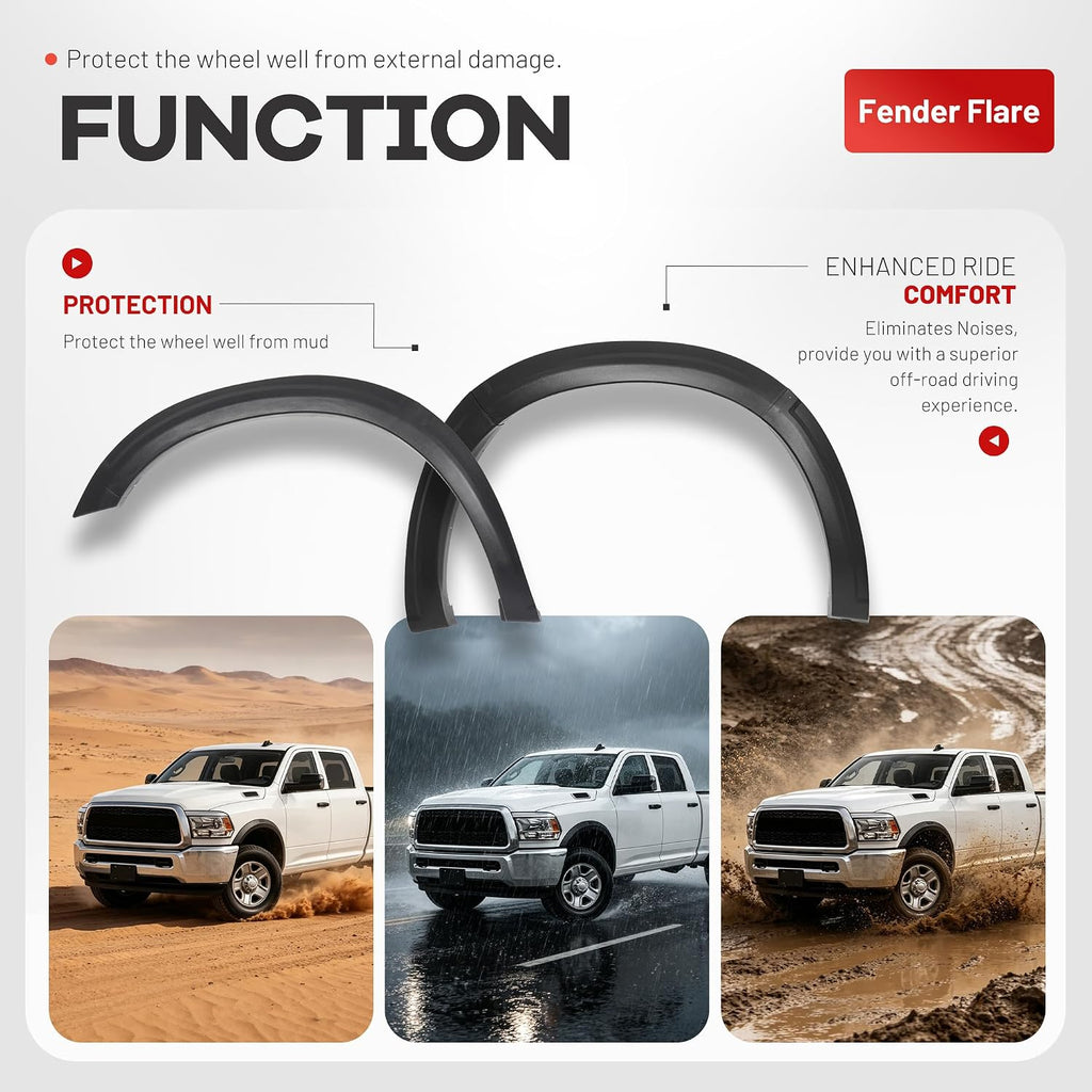 ALMULOO 4Pcs Fender Flares Compatible with 2010-2018 Dodge Ram 2500 3500 Wheel Arch Covers Plastic(PP) Textured Black