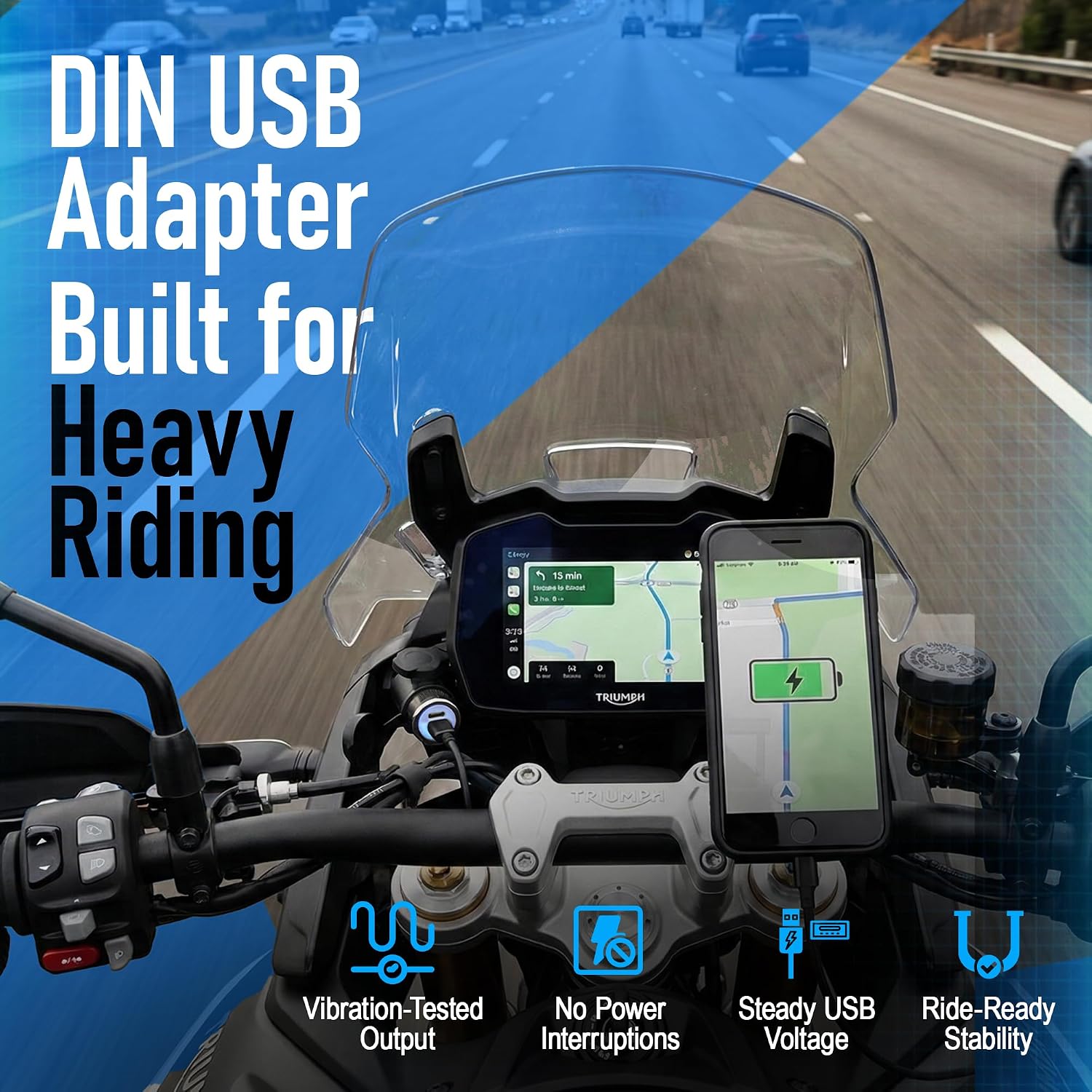 Cliff Top Hella DIN USB-C Charger Compatible with BMW Triumph Motorcycles | 6A 36W total, USB-C PD 18W, USB-A QC3.0 18W, Hella DIN plug, compatible with BMW Triumph DIN sockets, phone/GPS