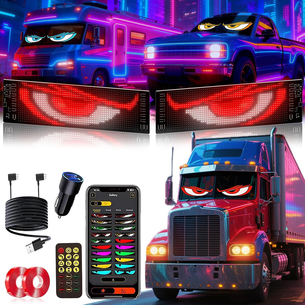 2PCS 23"x5" Devil Eyes Light for Windshield – Dual Screen Sync, LED Eyes for Cars/Trucks/SUVs/RV, App Controlled Animated Windshield LED with Custom Text & Graphics