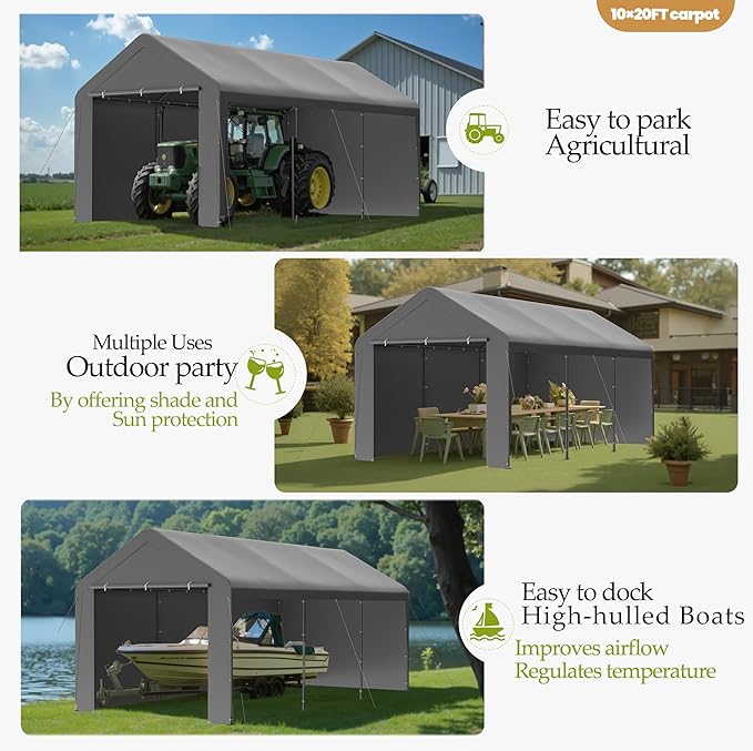 GOJOOASIS 10x20 Carport Heavy Duty Portable Garage Shelter Metal Car Canopy Tent - Image 6