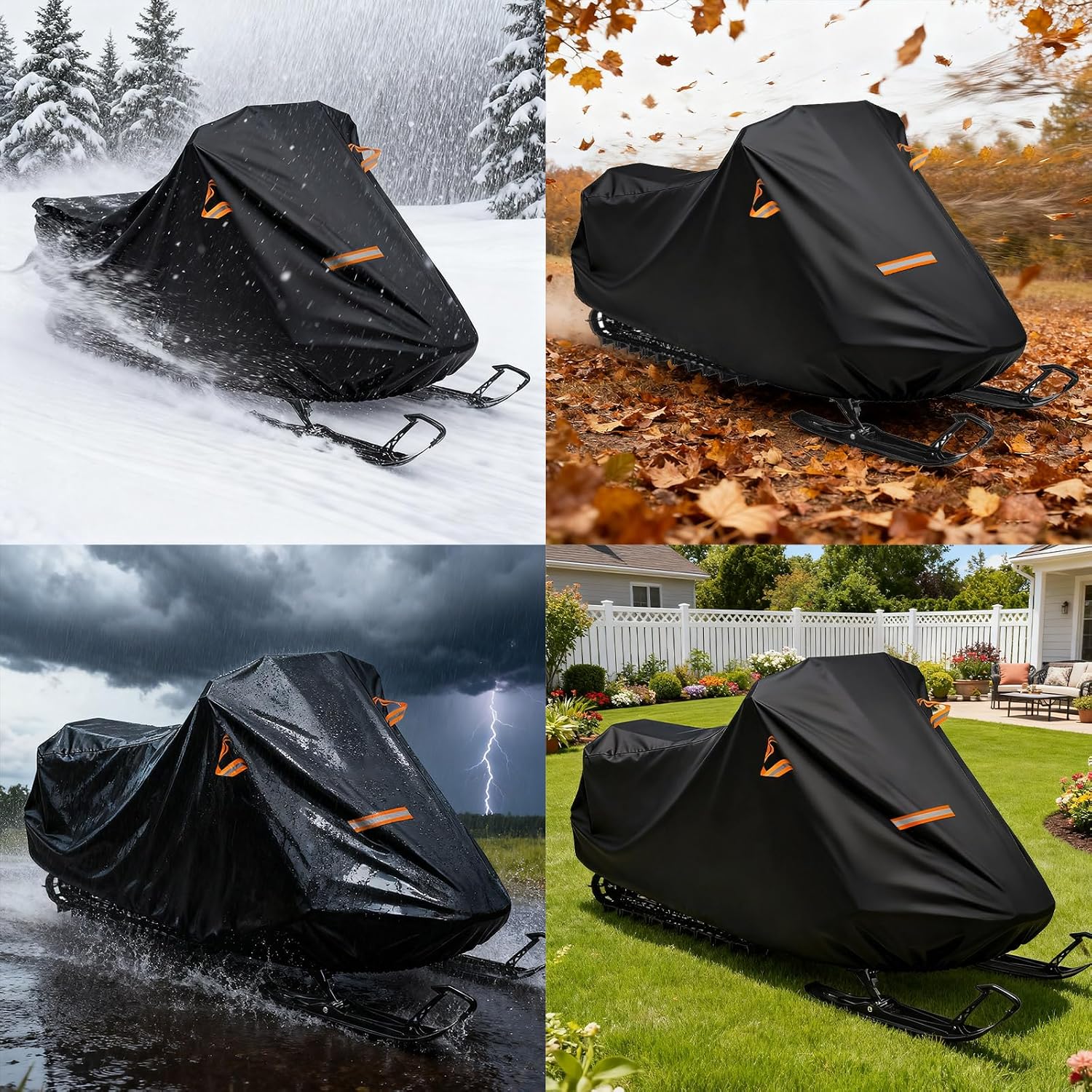 Snowmobile Cover, 420D Durable Oxford Fabric Waterproof sled ski Cover with Reflective Handles, Elastic Bottom (Black L Fits Length 130" x 51" x 48")