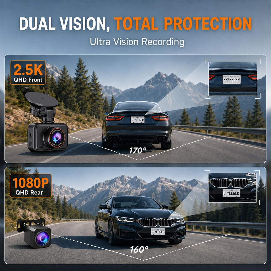 dash cam front and rear for cars, 2.5k+1080p, close-up detail