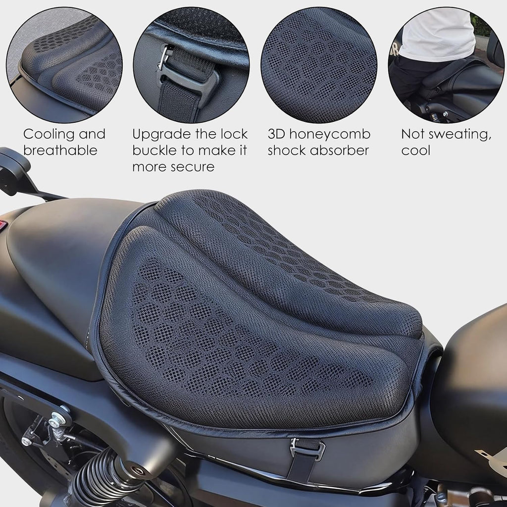 Motorcycle Gel Seat Cushion - Foldable Soft Pressure Relief Pad with Petal Ergonomic Design & 3D Honeycomb Breathable Structure, Cool & Comfortable for Long Rides (Black)