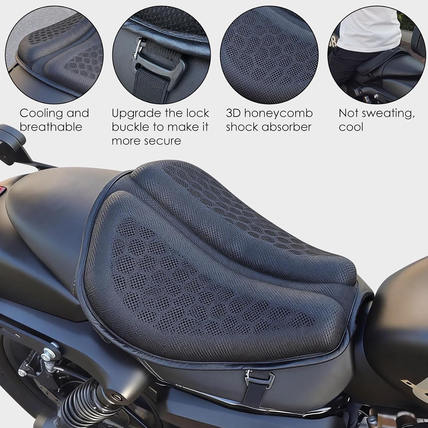 Motorcycle Gel Seat Cushion - Foldable Soft Pressure Relief Pad with Petal Ergonomic Design & 3D Honeycomb Breathable Structure, Cool & Comfortable for Long Rides (Black)