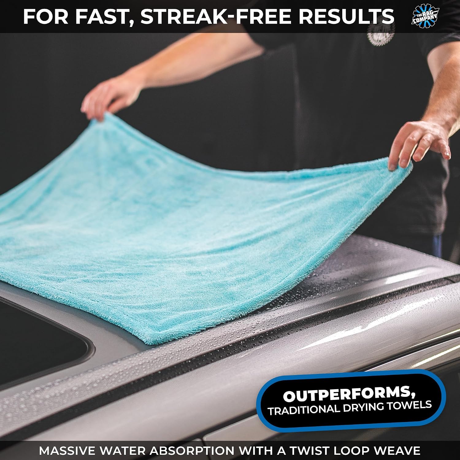 The Rag Company, The Liquid8r, Absorbent 70/30 Blend Microfiber Drying Towel for Cars, Trucks, and SUVs, Safe for Detailing, Scratch-Free, Twist Loop, 1100 GSM, 25x36 Inches, Aqua Blue