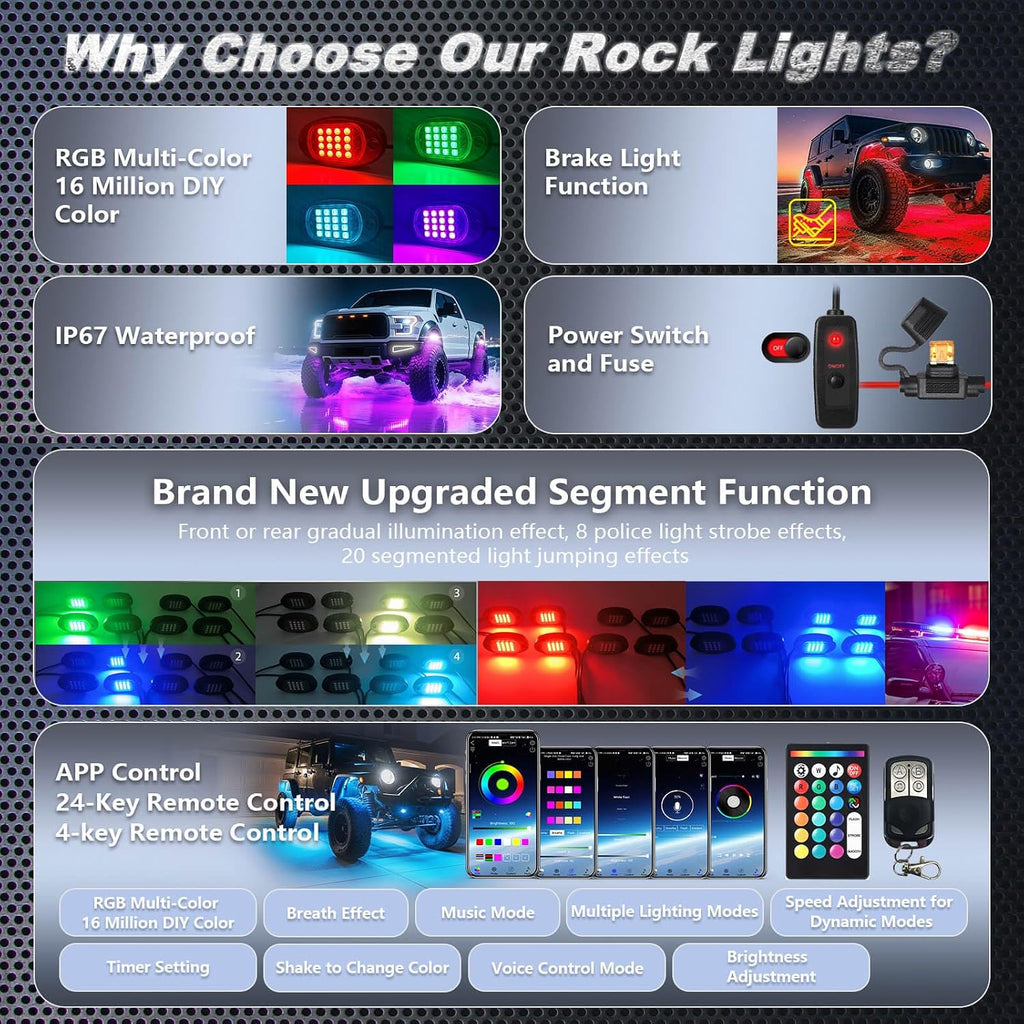8Pods Segmented RGB LED Rock Lights Kit for Jeep Trucks UTV ATV Golf Cart RZR SXS Offroad Four Wheeler with APP/RF Remote, Multi Color Underglow Light Waterproof Music Neon Underbody 12V