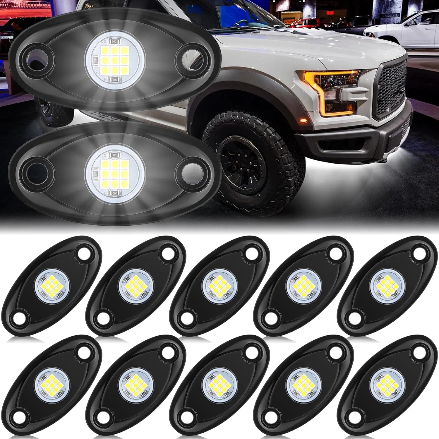 Macarrie 12 Pods Rock LED Lights Waterproof Neon Underglow Trail Rig Lamp Lighting for Car SUV Pickup Truck Motorcycle Boat ATV Utv RZR Rv Offroad Trailer Fender Under Body Golf(White)