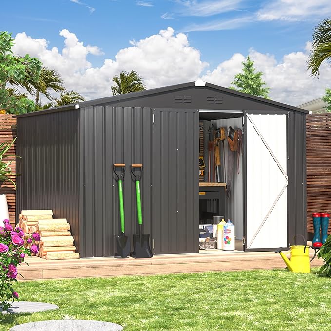 AECOJOY 10' x 8' Shed, Outdoor Metal Storage Shed, Dark Grey Sheds & Outdoor - Image 5