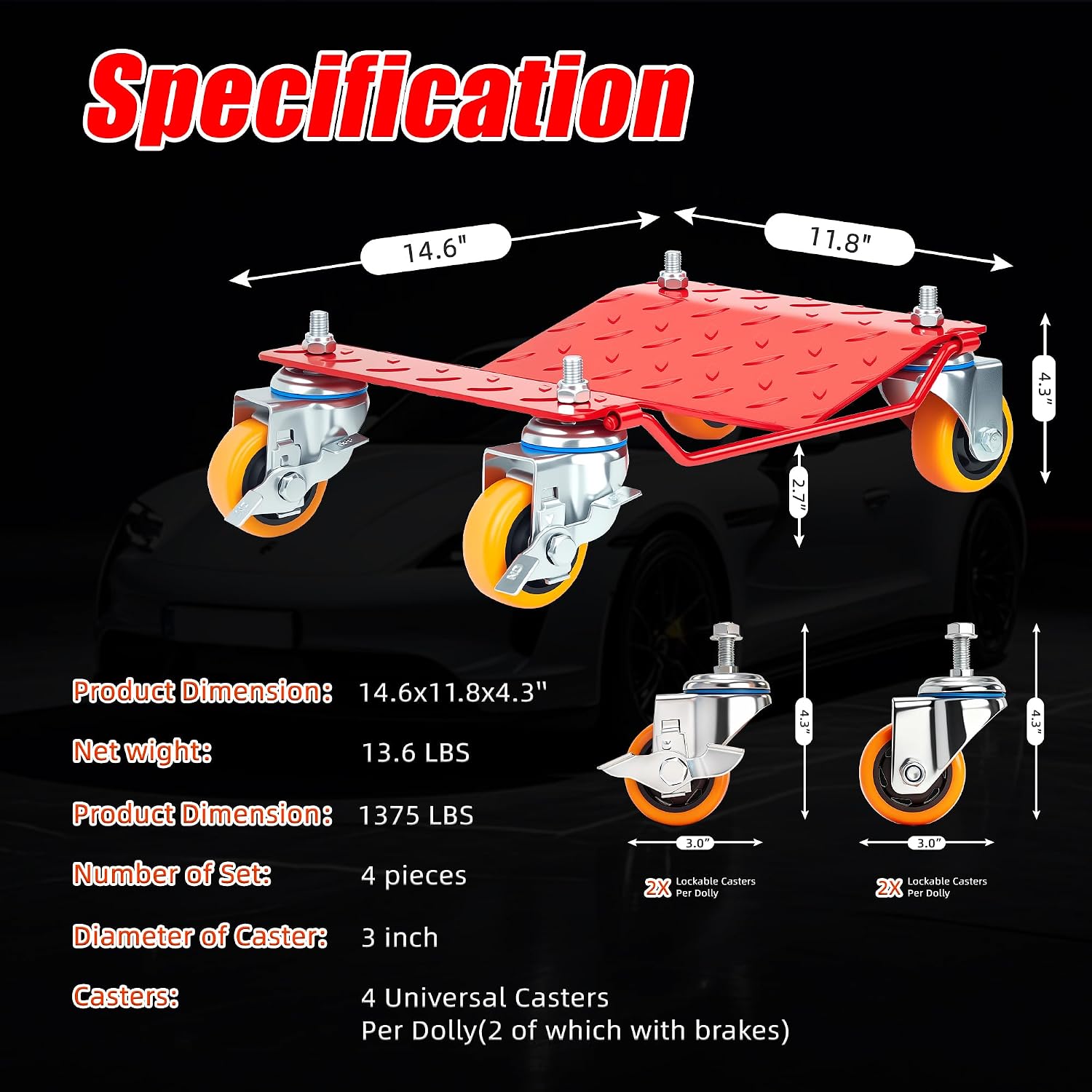 Steel Tire Wheel Dolly Set of 4 with Anti-Skid Plate, 360° Swivel Casters, Red, 5500 lbs Capacity