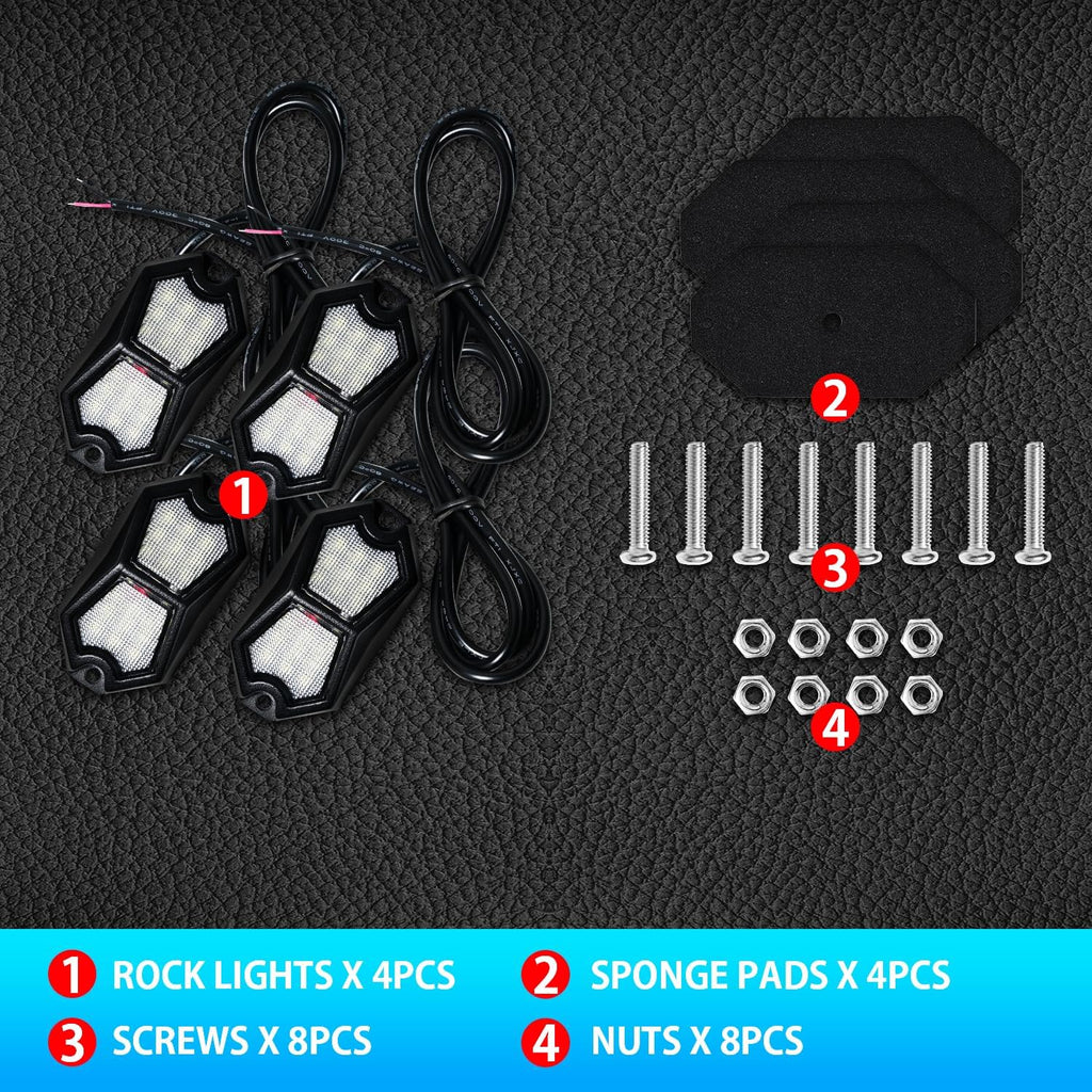 Led Rock Lights White 4 Pods 18LEDs 210 Degree Wide Angle IP68 Waterproof Aluminum Housing Underglow Underbody Lights 12v 24V for Truck UTV ATV Camper (4 Pods)
