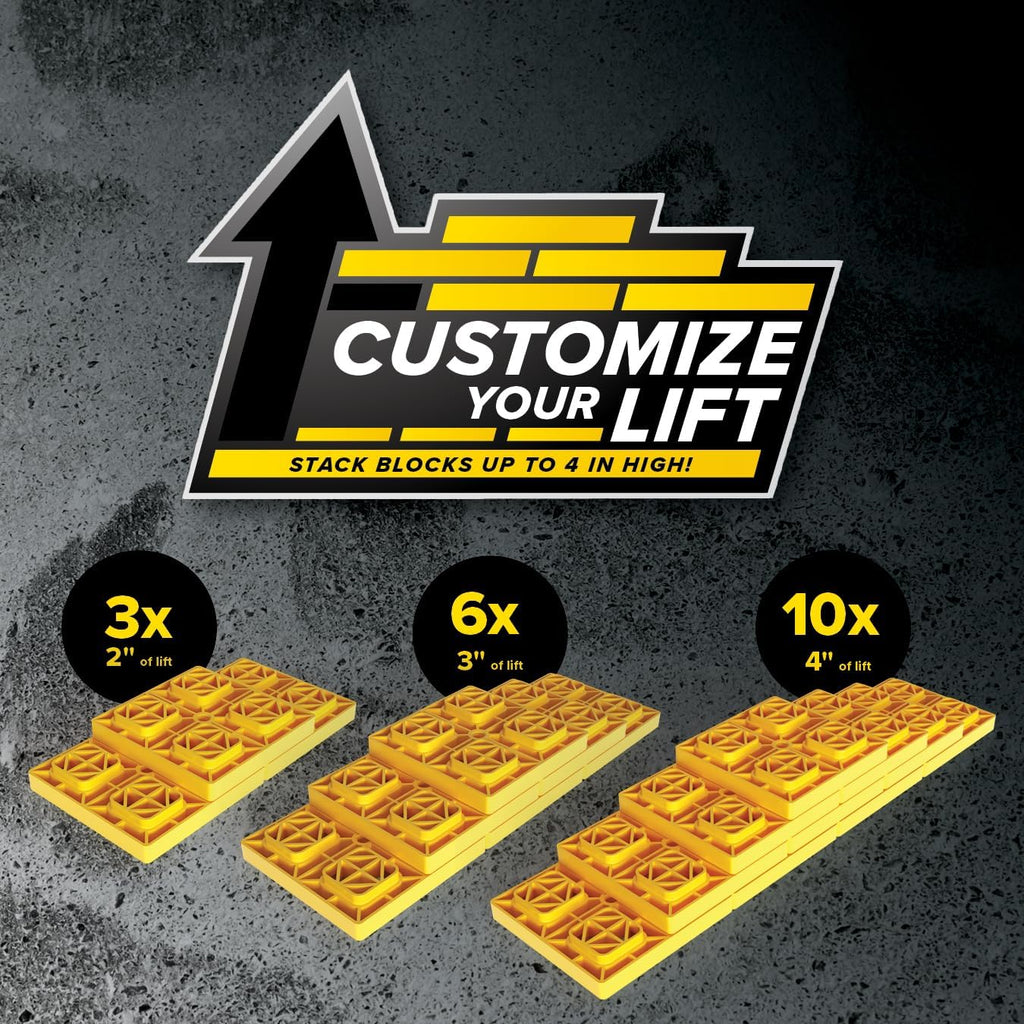 Camco FasTen RV Leveling Blocks - Features Interlocking Design for Customizable Height - Carrying Handle Twists to Secure Blocks for RV Storage - 8.5” x 8.5” x 1”, Yellow, 10-Pack (21022)
