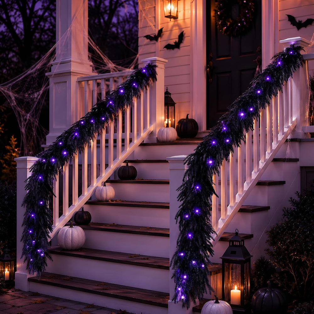 N&T NIETING 9FT Black Halloween Pre-Lit Garland with 70 LED Lights Real T...