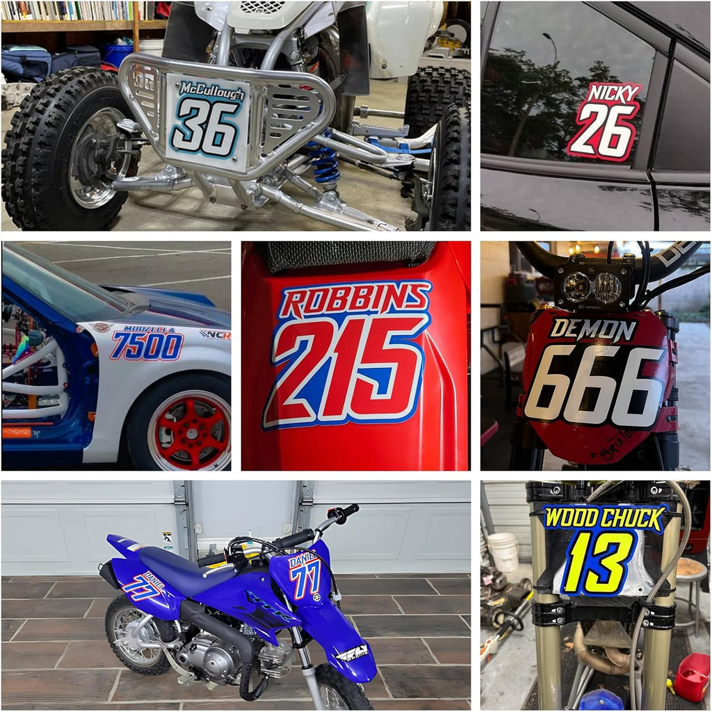 MC MOTOPARTS (Set of 3) Custom Motorcycle Motocross Racing Number Plate Decals – Personalized Number & Name – Waterproof Vinyl Stickers for Dirt Bike, ATV, Kart & Car Door (3-10 Inch)