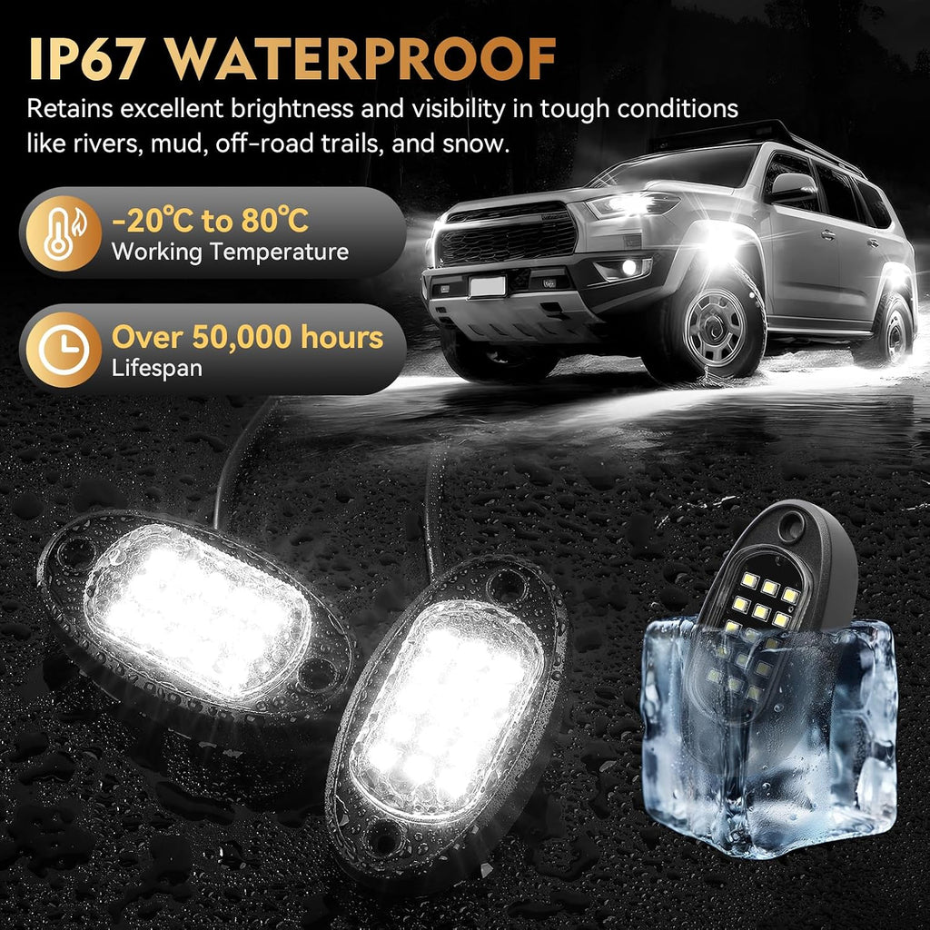 8Pods Pure White LED Rock Lights Kit Plug and Play 12V 6500K | Pre Wired Easy Install with Switch Fuse Harness Wiring Extension*4, Brights Waterproof for Jeep, UTV, RZR, ATV, Off-Road