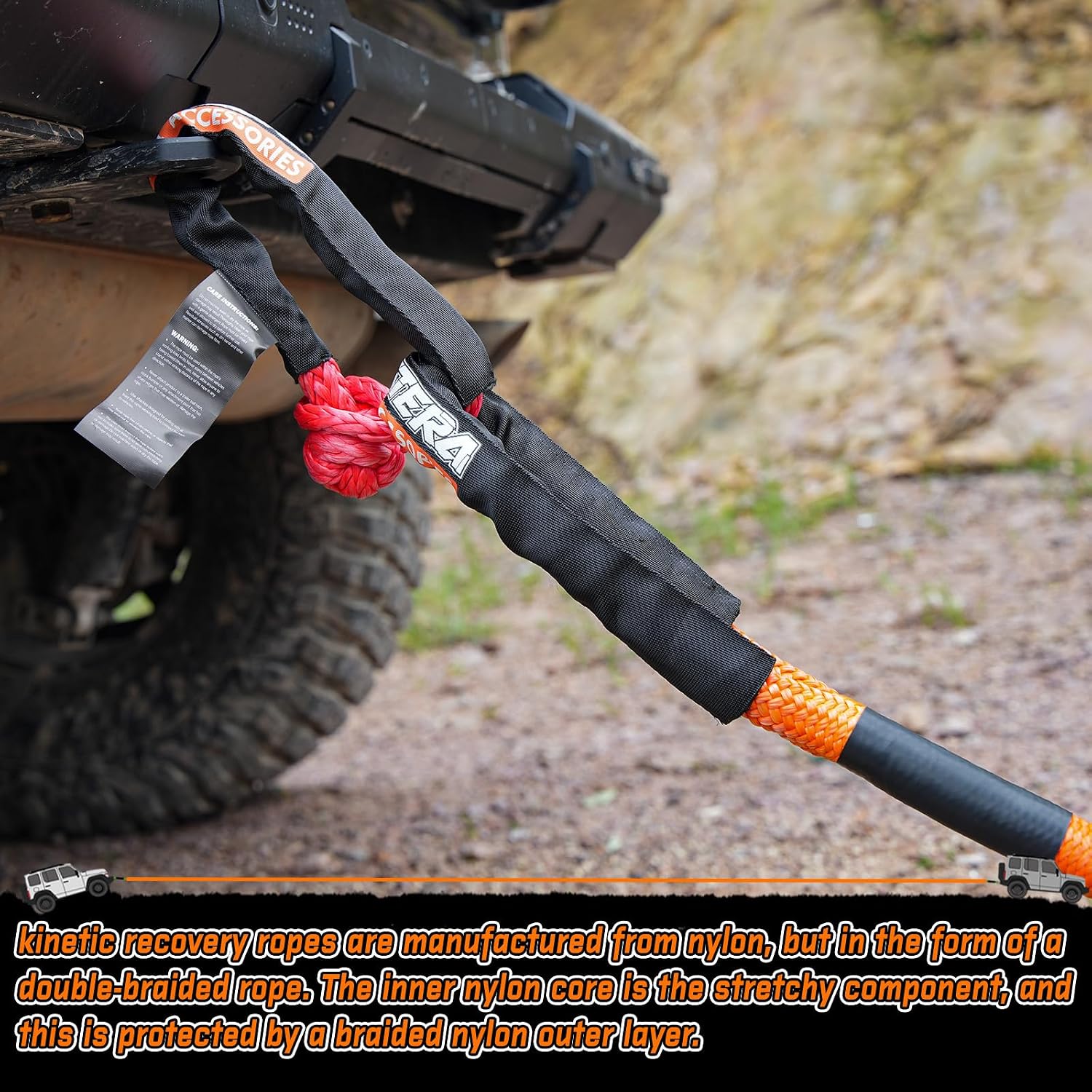Kinetic Recovery Tow Rope 3/4 in x 30 FT, with Heavy-Duty Offroad Snatch Strap, Vehicle Orange Recovery kit for Jeep car Truck ATV UTV SUV